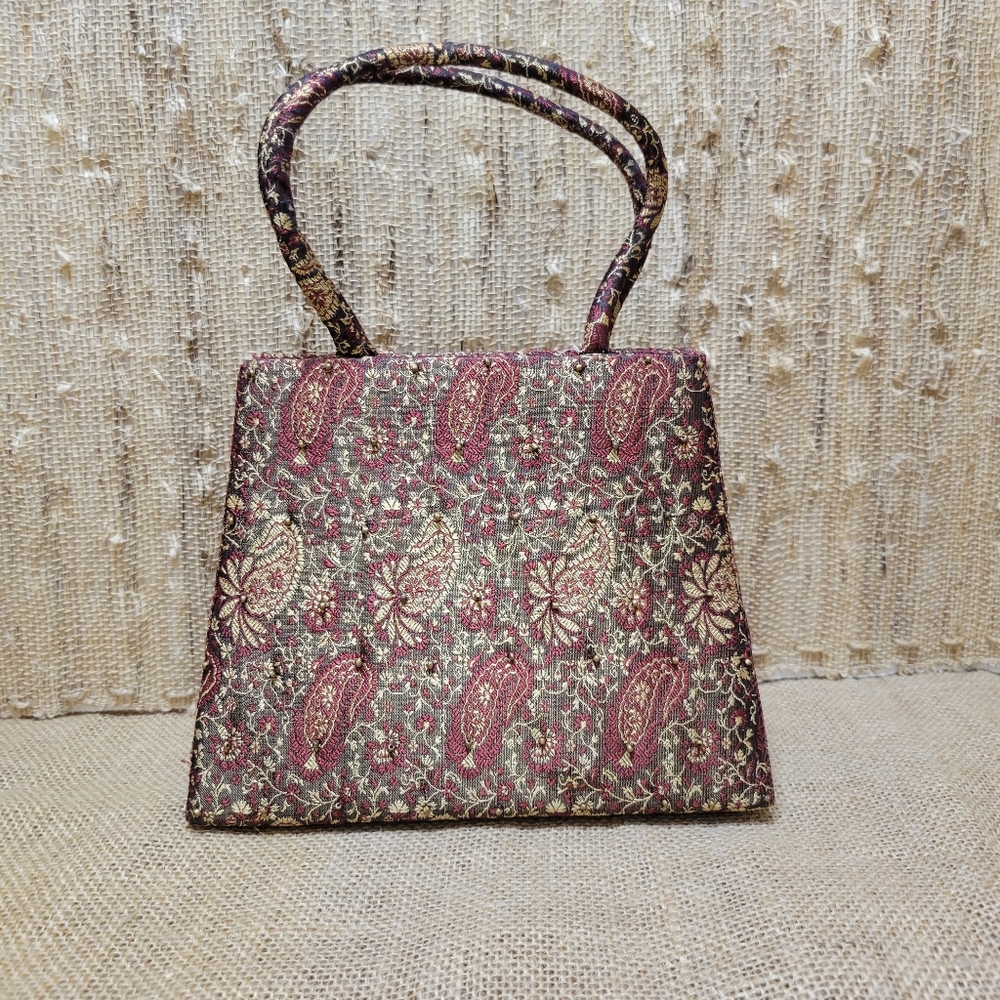 Moyna Wine and Gold Brocade Paisley w/ glass beads Small Handbag/Purse
